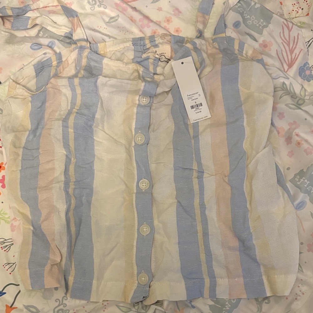 Francesca's Light Blue and Cream Striped Button Tank